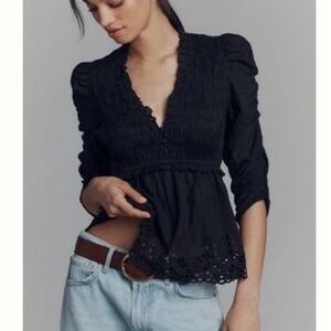 Anthropologie Ruched Sleeve Smocked Blouse